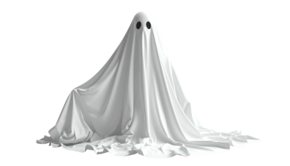 Classic Halloween figure of a shrouded ghost with two black eye-holes, seemingly floating