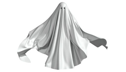 A white sheet draped over an unseen form, with visible eye holes, against a black background