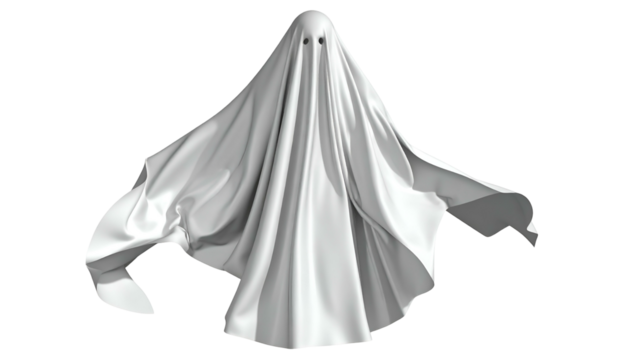 A white sheet draped over an unseen form, with visible eye holes, against a black background