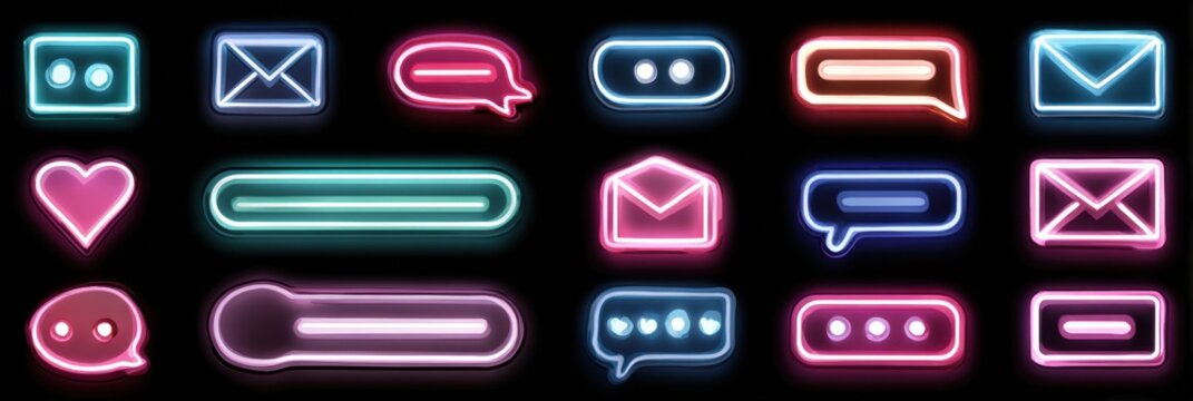 Vibrant neon symbols illustrate communication methods, including messages, emails, and social interactions in a modern digital environment at night