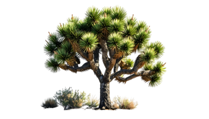 A robust, multi-branched desert tree with spiky foliage and a dark, textured trunk
