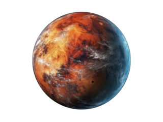 Isolated planet illustration with orange and blue colors showing surface details against black, Isolated On Transparent Background