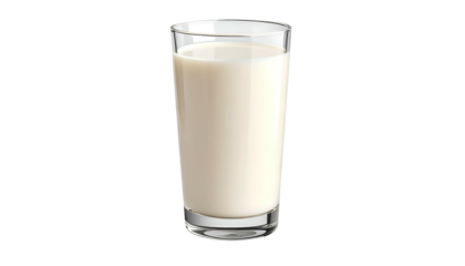 Tall, clear glass filled with a milky white liquid, isolated on a black background