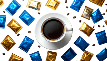 Overhead view of a coffee cup surrounded by metallic packets and scattered coffee beans