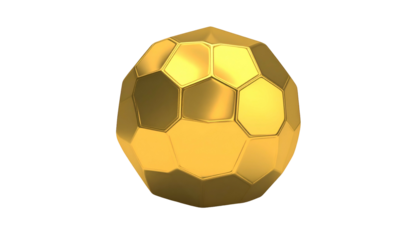 A 3D rendering of a golden, geometric sphere composed of hexagonal and pentagonal facets