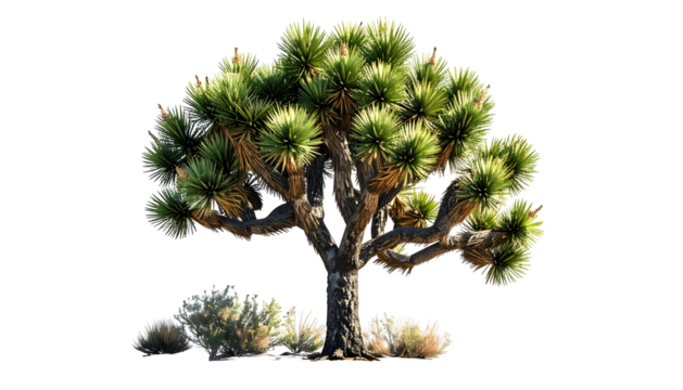 A robust, multi-branched desert tree with spiky foliage and a dark, textured trunk