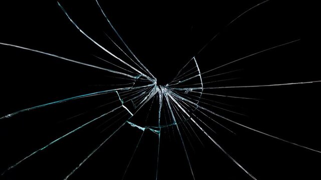 Broken cracks glass fracture effect on black background, Glass crack spreading across,
Shattered glass animated overlay, transparent 4K video, Shattered Glass: Dynamic Cracks and Splinters.