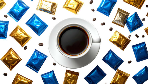 Overhead view of a coffee cup surrounded by metallic packets and scattered coffee beans