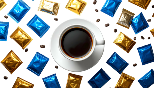 Overhead view of a coffee cup surrounded by metallic packets and scattered coffee beans