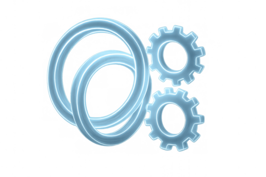 Glowing blue gears and interconnected rings representing teamwork, mechanism, and digital technology on transparent background