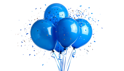 Four vibrant blue balloons tied together, with sparkling confetti against a black backdrop
