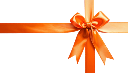 A vibrant orange satin ribbon forms a decorative bow and intersecting cross on a transparent background