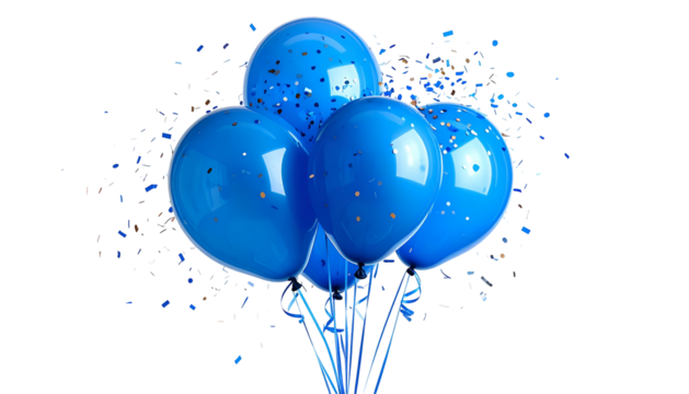 Four vibrant blue balloons tied together, with sparkling confetti against a black backdrop