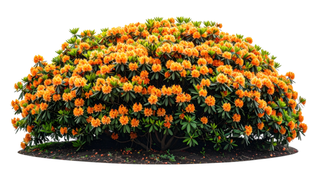 A lush, vibrant bush overflowing with orange blossoms against a transparent background