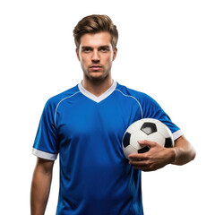 Young man in blue soccer jersey holding a football against a dark background
