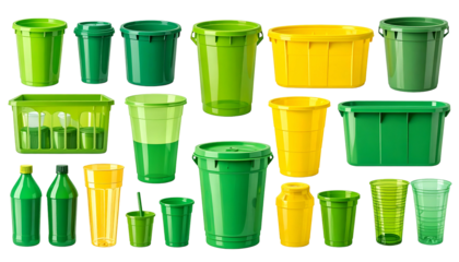 Assorted plastic containers, cups, and tubs in various shades of green and yellow against black
