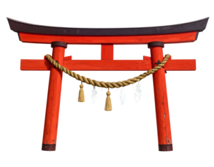 Vivid red traditional Japanese gate with rope and tassels against a black background