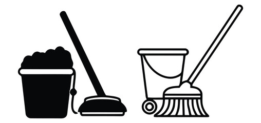 Essential House Cleaning Supplies Bucket Broom and Mop Illustrations