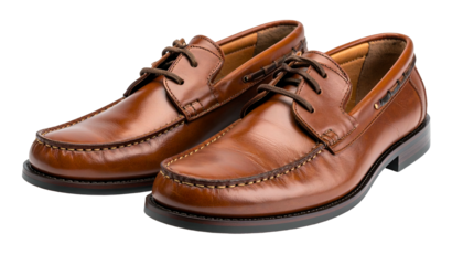 Pair of brown leather men's boat shoes, side view, on black background