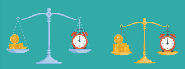 Money vs Time Vector Illustration – Balanced Scales with Alarm Clock and Currency Depicting Wealth Management, Value of Time, and Business Concept Design