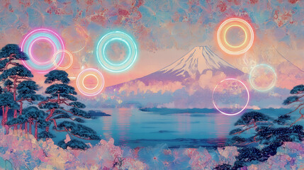 富士山と光の輪が浮かぶ幻想的な風景イラスト
