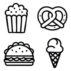 Vector art of outline icons of cupcake, pretzel, taco, and ice cream