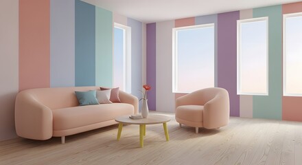 Cozy Pastel Living Room Interior with Striped Walls