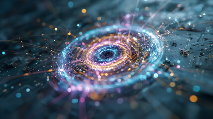 量子コンピューターのコアを表現した抽象的なビジュアル