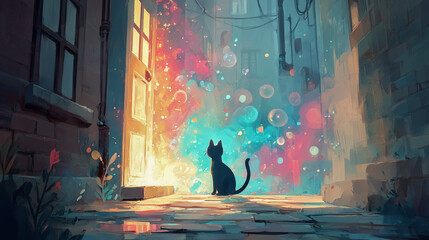 光のポータルを見つめる黒猫の幻想的な夜