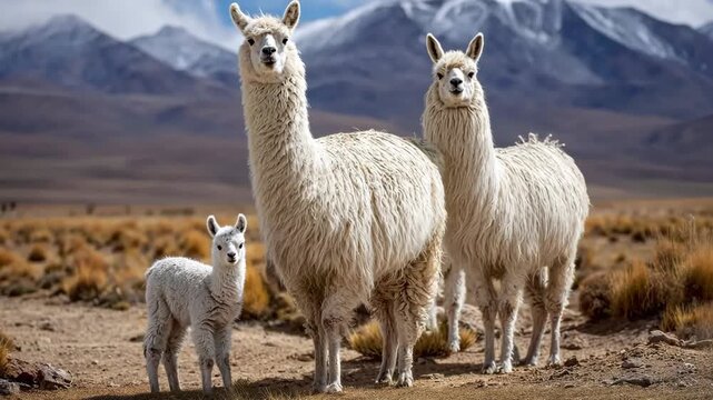 Generative AI. Group of three llamas, including a baby, standing on a grassy plain with mountains in the background, showcasing their fluffy white fur and natural habitat