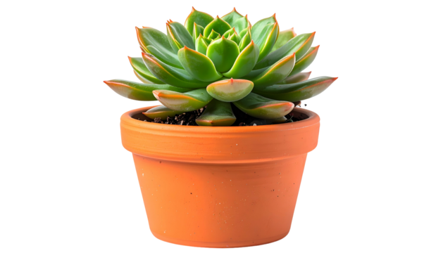 Lush succulent with green leaves and orange tips, sits in a terracotta pot against black