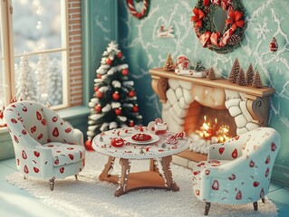 Whimsical Strawberry Christmas Interior Design with Cozy Armchairs Fireplace and Holiday Season Decor