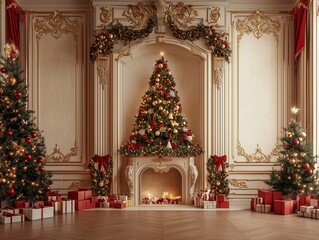 Fototapeta premium Luxurious Christmas Interior Scene Decorated with Elegant Tree Over Fireplace and Piles of Festive Gift Boxes