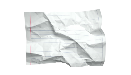 A crumpled piece of lined paper on a black background, showing wrinkles and a red margin