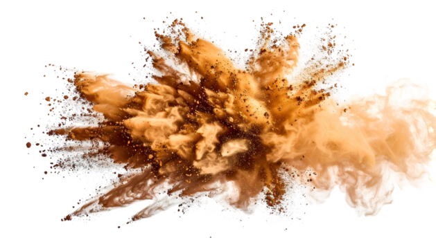 An explosive burst of brown and white powder against a black backdrop, in mid-motion