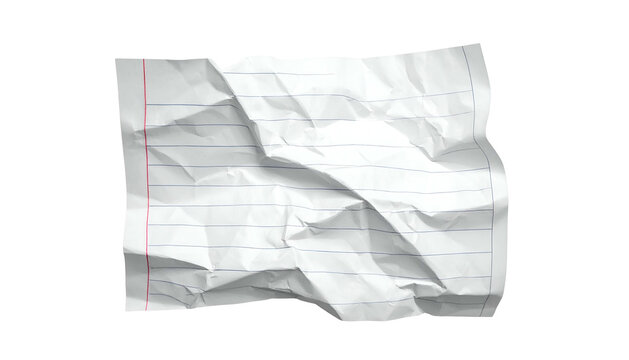 A crumpled piece of lined paper on a black background, showing wrinkles and a red margin