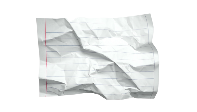 A crumpled piece of lined paper on a black background, showing wrinkles and a red margin