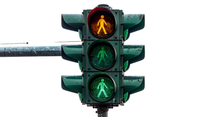 Pedestrian traffic light showing yellow walk signal and green walk signals. Black background