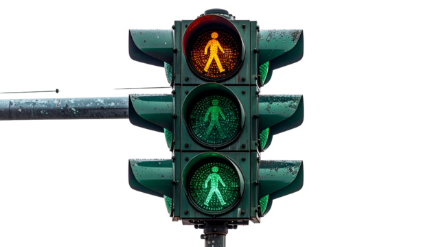 Pedestrian traffic light showing yellow walk signal and green walk signals. Black background