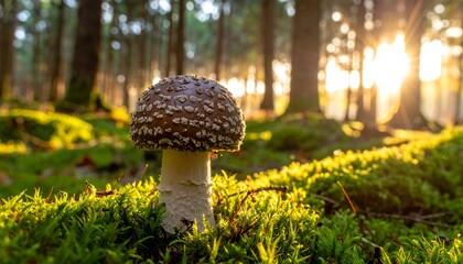 Sunlight streams through forest onto a mushroom growing in moss