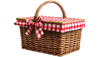 A wicker basket with a red and white checkered lid and handle, tied with a bow