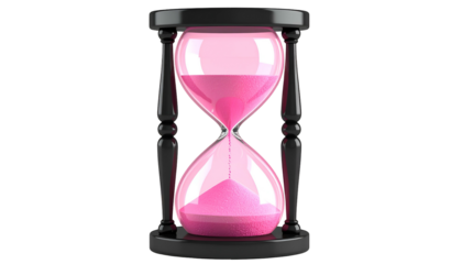 Pink sand flowing through a black hourglass isolated against a black backdrop