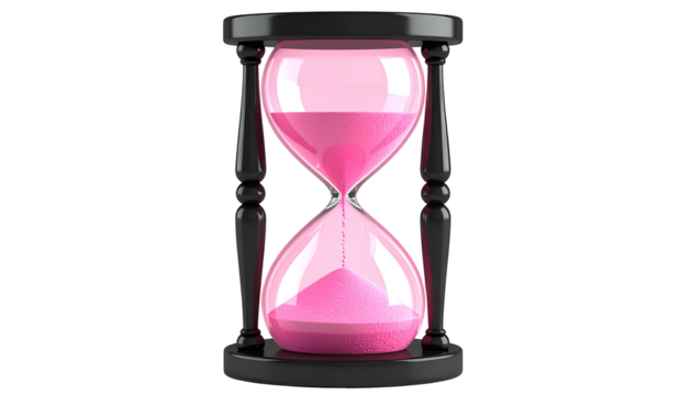 Pink sand flowing through a black hourglass isolated against a black backdrop