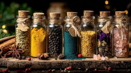 Kitchen alchemy: array of 15 spices in clear vials, vibrant powders & crystals, copy space for magazine spread, shelf talker, culinary class KV, mobile wallpaper