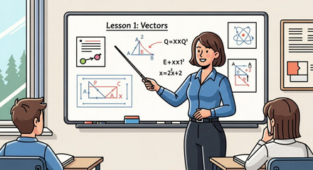 In a classroom setting, a teacher uses a pointer to explain vectors on a whiteboard to a student, fostering a deeper understanding of mathematics