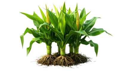 Vivid image of corn plants with visible roots and green leaves, isolated on a transparent background