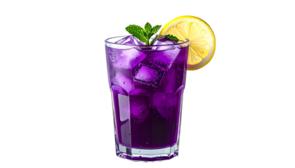Tall, iced purple drink with lemon slice and mint sprig against black