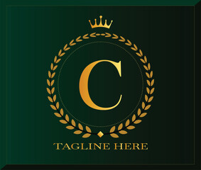 Vector art of premium golden letter c logo with crown and laurel wreath on a dark green background, suitable for elite companies and luxury branding