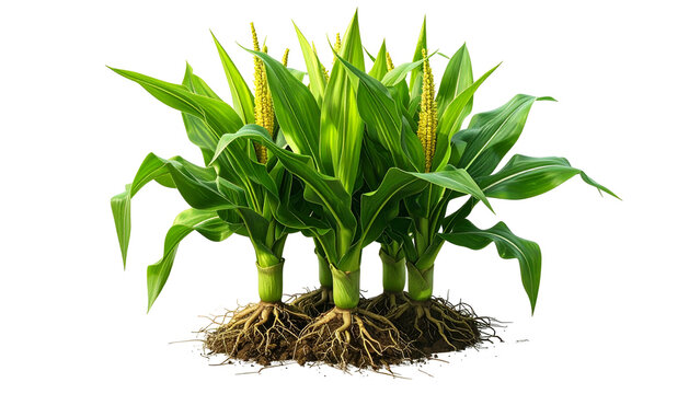 Vivid image of corn plants with visible roots and green leaves, isolated on a transparent background