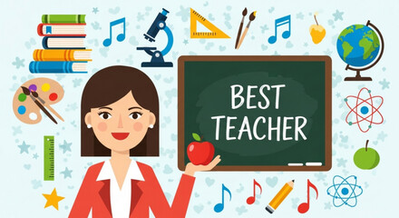 A cartoon illustration of a female teacher holding an apple with school supplies and the words best teacher on a chalkboard